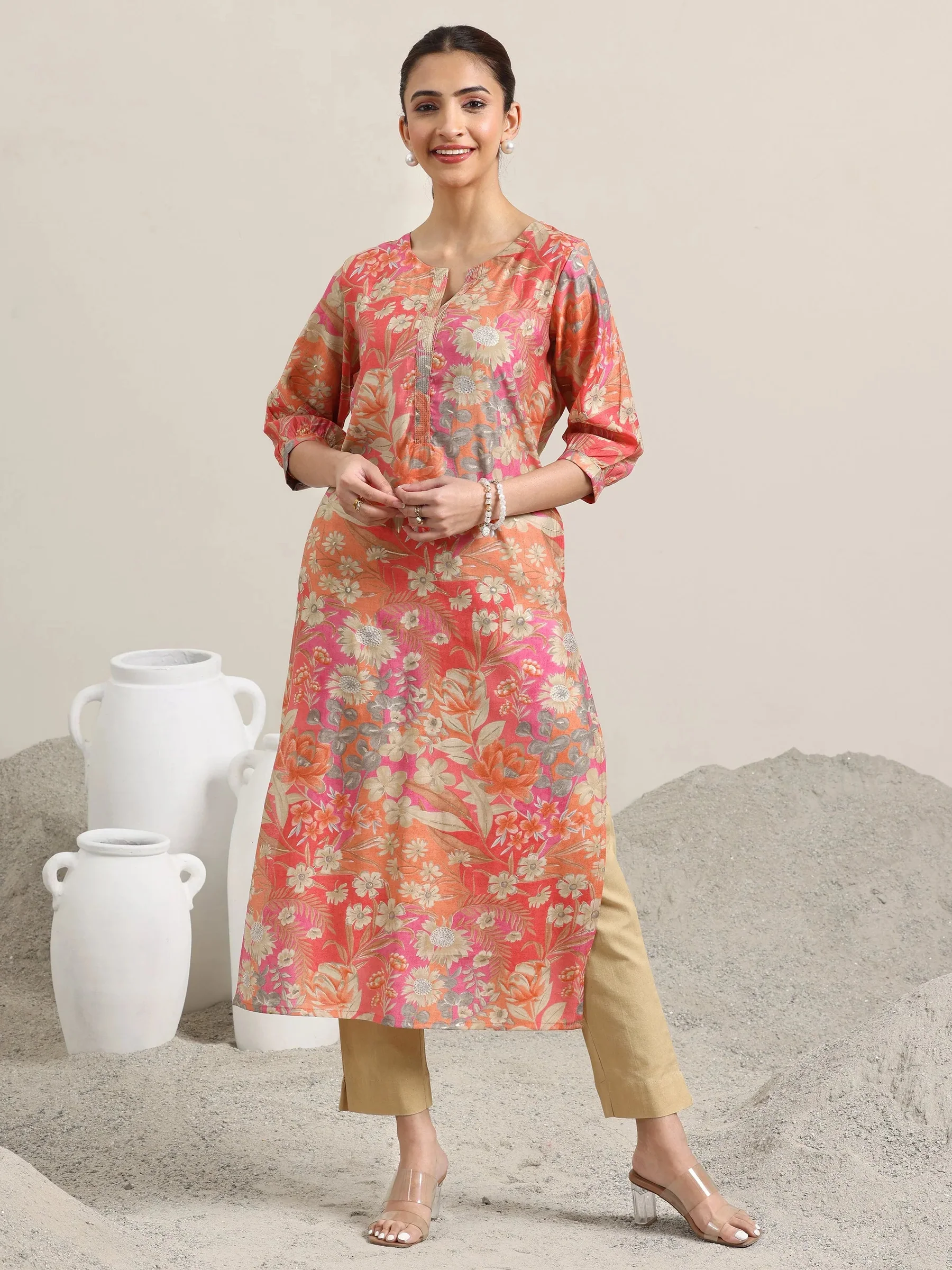29514_1Main_c27b9a0a-895b-42d7-9b2a-d74cf5036930.webp Peach Printed Silk Blend Straight Kurta - Image 1